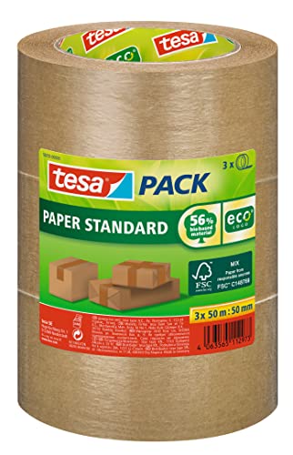 tesapack Papier Standard - Umweltschonendes Paketband aus Papier, 56 % biobasiertes Material - Effizient und recyclingfreundlich - Braun - 3x 50 m x 50 mm