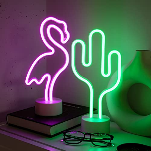 NELUX 2er-Pack Kaktus und Flamingo - LED Lampe Neon Schild Wand Deko Gaming Zimmer, Neon Sign Kinder Gamer, Neon Schilder Light Room, Neonlicht Led Zimmerdeko, Bar. USB oder batteriebetrieben