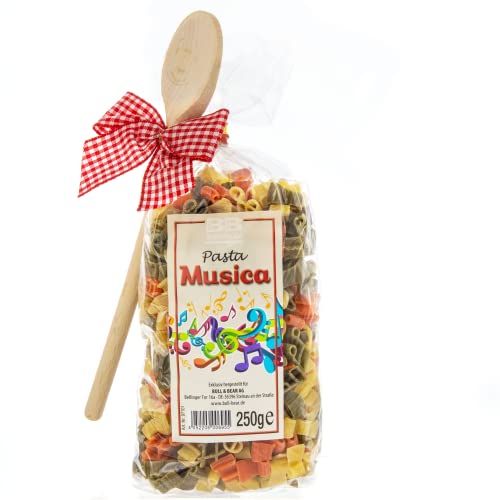 Bull & Bear bunte Musik Nudeln 250g, Motivnudeln aus Hartweizengrieß, handgefertigt in deutscher Manufaktur, Pasta Geschenk, inkl. Holzlöffel