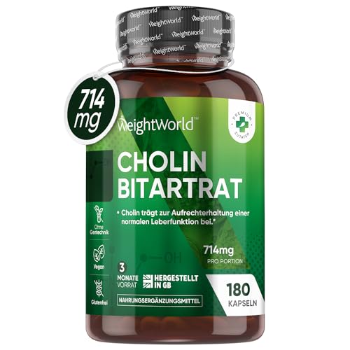 Cholin Kapseln - 714mg pro Kapsel - Leberkur, Homocystein & Fettstoffwechsel (EFSA) - 180 Vegane Kapseln für 3 Monate Vorrat - Cholin Bitartrat - Leber entgiften - Cholin Pulver - WeightWorld