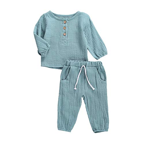 Geagodelia Babykleidung Set Baby Jungen Mädchen Kleidung Outfit T-Shirt Top + Hose Shorts Neugeborene Weiche Einfarbige Babyset T-47740 (Türkis - Langarm, 12-18 Monate)