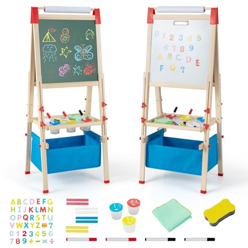 DREAMADE 3-in-1 Kinder Staffelei, doppelseitige Staffelei aus Holz mit magnetischer Tafel & Whiteboard, Papierrolle & Malzubehör, Kleinkind höhenverstellbare Zeichentafel mit Aufbewahrungstasche