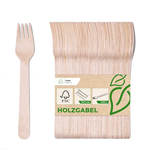 Love Nature Holzgabeln Einweg Set - 100 x Einwegbesteck Holz - Holzbesteck - Party Besteck Einweg aus Birkenholz - Einweggabeln - Gabeln Einweg - Holz Gabel - Holzgabel Klein - Biologisch Abbaubar