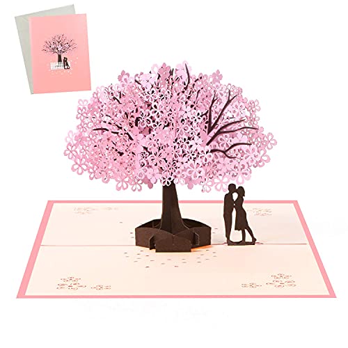 Vicloon 3D Karte, Rosa Kirschblüte Pop Up 3D Karte Grußkarte mit Weiß Umschlag, Hochzeitskarten, Valentinstag Karte für Hochzeitstag, Hochzeitsgeschenk, Geburtstag, Hochzeitseinladung