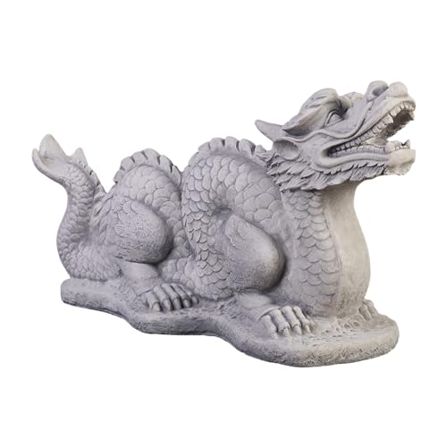 gartendekoparadies.de Chinesischer Drachen Long, Steinfigur, H. 41 cm, 32 kg, Grau, frostsicher aus Steinguss für Außenbereich