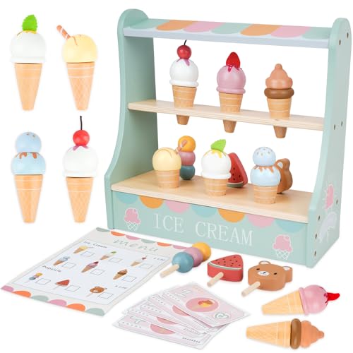 Eisdiele Kinder Holz, Eisladen EIS Holzspielzeug FüR Kinder,KinderküChe & Kaufladen ZubehöR, Eisdiele FüR Rollenspiele Mit Eistheke, Montessori Holzspielzeug Geschenk FüR MäDchen Jungen 3 4 5 6 Jahren