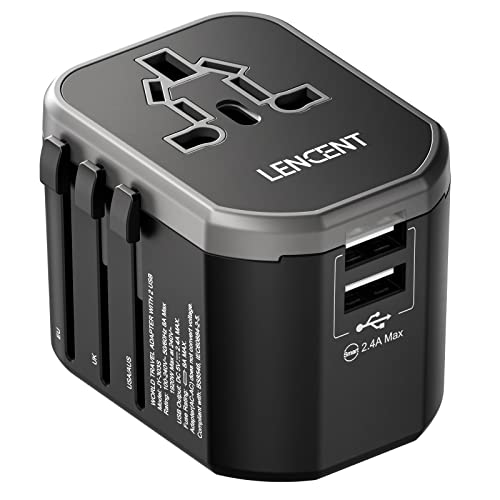 LENCENT Reiseadapter Weltweit Internationaler Reisestecker mit 2 USB Anschlüße AC Steckdose Travel Adapter über 150+ Länder für Australien USA UK Europa Deutschland