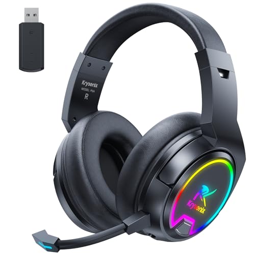 Krysenix PG4 RGB Wireless Gaming Headset für PS4,PS5,PC- 2.4GHz 7.1 Surround Sound, Bluetooth Gaming Kopfhörer mit abnehmbarem Mikrofon, 48-Stunden-Akku für Laptop Switch Mac (Schwarz)