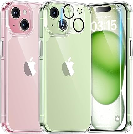 TAURI 5 in 1 für iPhone 15 Hülle, Handyhülle für iPhone 15 Case, [Vergilbt Nicht] Schlanke, Stoßfeste Telefon Lanyard Hülle - Transparent