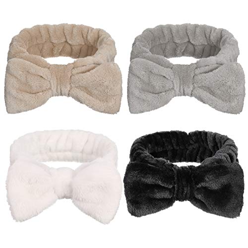 Heyu-Lotus 4 Stück Spa Bowknot Haarbänder, Coral Fleece Makeup Bow Stirnband Elastic Cosmetic Stirnband zum Waschen der Gesichtsdusche Yoga Sport Hautpflege(Schwarz, Weiß, Grau, Khaki)