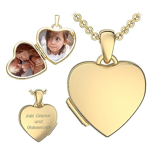 Kinder Herz Medaillon zum Öffnen für Bilder Gelbgold | Kette Halskette Mädchen | Medallion aufklappbar | Amulett Anhänger Herzmedaillon mit Foto personalisiert | Geschenk für Kinder zum Geburtstag