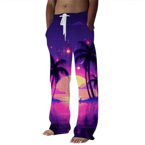 Hosen Herren Chino Hose Herren Grau Stretch Zip Off Herren-Frühlings- Sommersaison, modisch, lässig, digitaler 3D-Druck, Kokosnussbaum-Freizeithose Hose Mit Seitentaschen Herren (Purple, L)