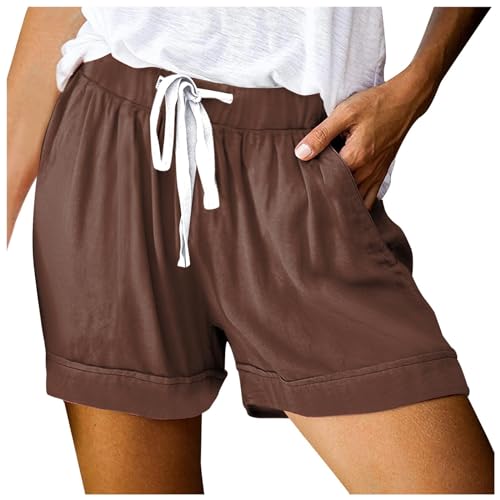 rtdgcv Summer Damen Shorts Sport Damen-Shorts mit Kordelzug, Sommer, elastische Taille, lässig, leicht, mit Taschen Mountainbike Shorts Herren Mit Windel Shorts Damen Kurz (Coffee, XL)