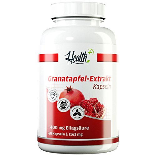 Health+ Granatapfel-Extrakt - 60 Kapseln mit 1000 mg Granatapfelpulverxtrakt mit 40% Ellagsäure, vegane Granatapfel Kapseln, starke Antioxidans auf natürlicher Basis, Made in Germany