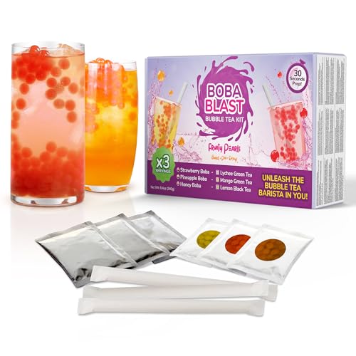 BobaBlast Bubble Tea Set (240g) - Bubble Tea Perlen Set - 3 Geschmacksrichtungen: Erdbeere, Ananas & Honig - Lustig & Leckere Boba Perlen, Schnelle Zubereitung - Bubble Tea Kit für Familie & Freunde