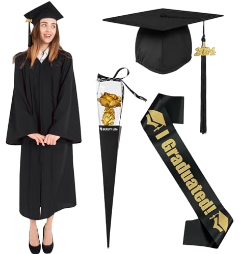 Amycute Abschluss Talar mit Hut, Schwarz Abschluss Robe, Unisex graduation Robe，Abschluss hut, Akademischer Talar, Uni Abschluss Kleid, Doktorhut, Quaste 2024 für Abschlussfeier. (Style A, L)