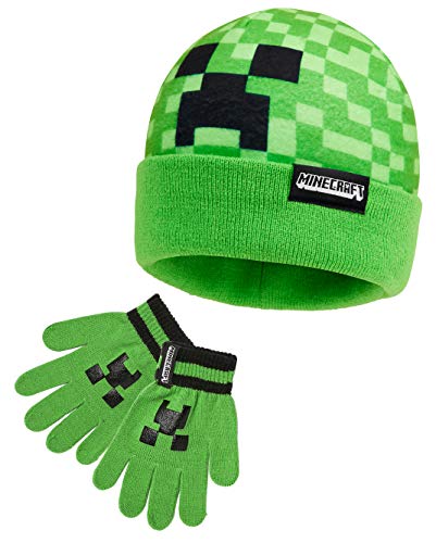 Minecraft Mütze Jungen Handschuhe Kinder Set, Creeper Wintermütze Kinder und Fleecehandschuhe Junge - Gaming Geschenke für Jungs (Grün Set 2 Stück)