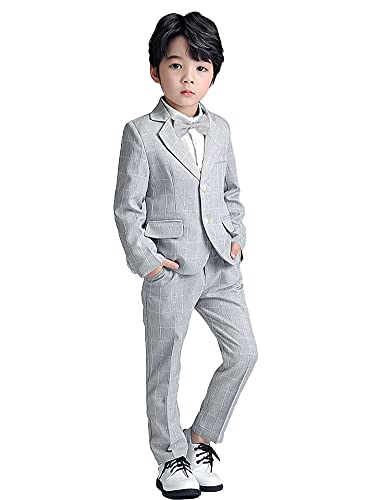 LOLANTA 3-teiliges Jungen Plaid Anzug Set, Eleganter Blazer für Hochzeits-Abschlussball, Formelle Kleidung Jacken-Hose-Fliege Set(Grau,10-11 Jahre,Etikettengröße 150)