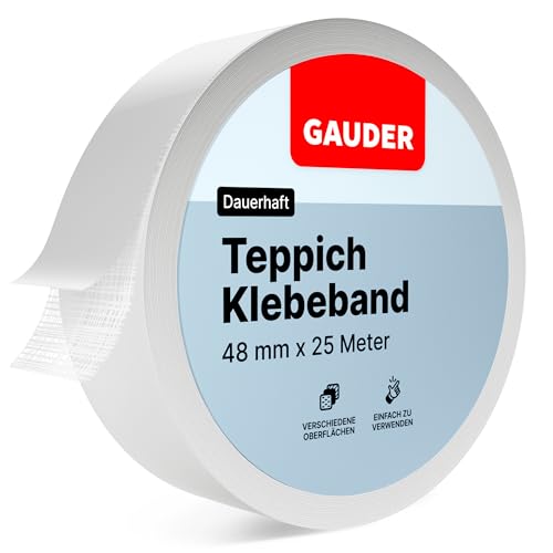 GAUDER Teppichklebeband (25 m) | Klebeband für Bodenbeläge, Treppenstufen und mehr | Teppichband doppelseitig für Renovierungsarbeiten