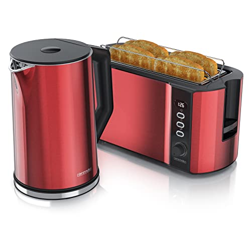 Arendo - Wasserkocher mit Toaster SET Edelstahl Rot, Wasserkocher 1,5L, 40° 100°C Warmhaltefunktion Toaster 4 Scheiben LED-Display 6 Bräunungsgrade Brötchaufsatz