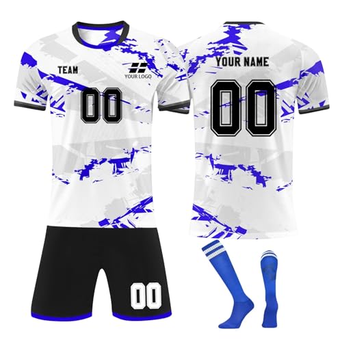 Personalisiertes Football Trikot Kinders Erwachsene Fußballtrikots T-Shirt und Shorts mit Name Nummer Team Logo Personalisierte Fußballtrikot Shorts und Socken Set Benutzerdefiniert Fussball Trikot