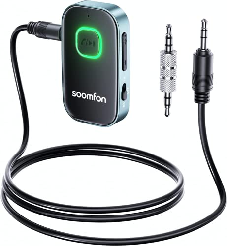 2-in-1 Bluetooth 5.0 Sender Empfänger Klinke 3.5mm, SOOMFON Aux Adapter, Drahtloser Splitter, Transmitter Receiver für Auto, TV, Fernseher, Kopfhörer, Stereoanlage