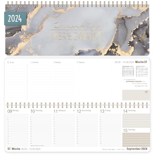 Wochen-Tischkalender 2024 im Quer-Format [Grey Marble] 1 Woche 2 Seiten | Wochenkalender 29,5 x 10,5 cm | Schreibtisch-Kalender mit Sprüchen | nachhaltig & klimaneutral