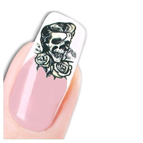 JUSTFOX - Tattoo Nail Totenkopf mit Rosen und Elvis Frisur