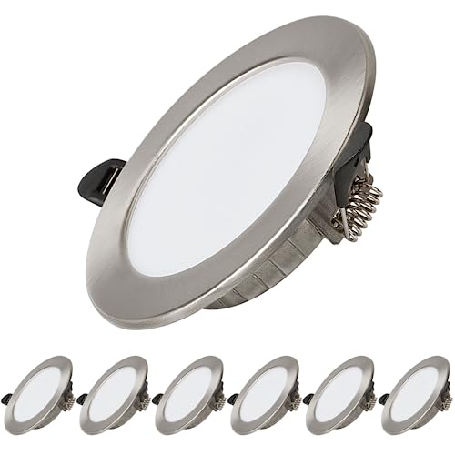 Dexnump Einbaustrahler LED Ultra Flach 230V, 7W LED Spot 700LM 25mm Einbautiefe, Deckenspots 75-95mm EinbauØ, IP44 Einbauspots für Badezimmer Küche Wohnzimmer, 6er Set (Warmweiß 2700K, Silber)