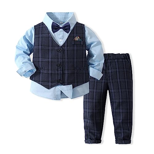 Volunboy Baby Anzug Jungen Anzugweste Hemd mit Fliege für Festlich Hochzeit Bekleidung Set 4tlg(2-3 Jahre,Blau,Größe 100)