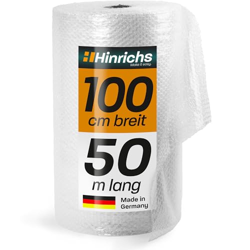 Hinrichs Luftpolsterfolie Rolle 50m x 100 cm - Ideal für Versand, Verpackung und Umzug - 100% recyclingfähig - Bubble Wrap als Verpackungsmaterial - Noppenfolie - Polstermaterial