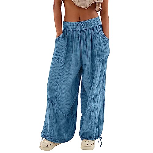 Skang Sommerhose Damen Leicht und Luftig mit Elastischem Bund Casual Lose Trousers Freizeithose mit Taschen Frauen Hosen Hippie Haremshosen High Waist Stoffhose Pumphose Einfarbig Locker Yoga Pants