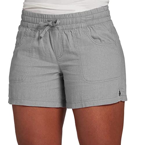 rtdgcv Frauen Casual Elastische Taille Sommer Kordelzug Baumwolle Shorts Damen Strand Mit Tasche Bequem Damen Shorts Für Den Sommer Summer Damen Shorts Sport Shorts Damen Kurz (Grey, L)