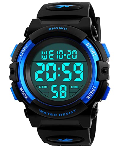 BHGWR Jungen Digitaluhren, Kinder Sport 5 ATM wasserdicht Digital Uhren mit Alarm/Timer/EL Licht, Blau Kinderuhren Outdoor Armbanduhr für Jugendliche Jungen