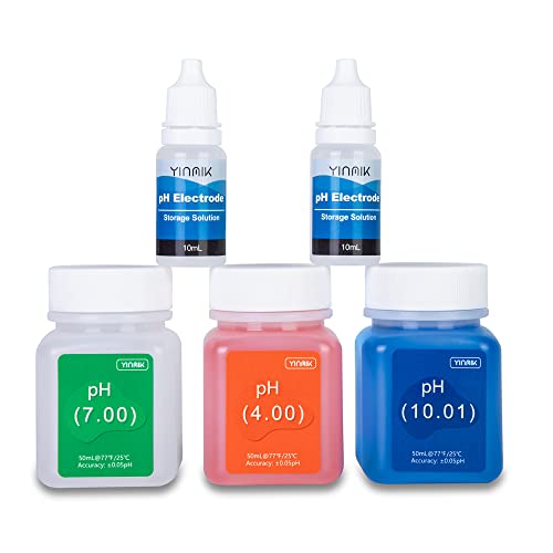 YINMIK pH Messgerät Kalibrierung Slösungs Kit (4.00, 7.00 und 10.01) mit pH Schutzlösungs Set, 3 Flaschen 50 ml pH Kalibrierung Spufferlösung und 2 Flaschen 10 ml KCL pH Sondenlösung für pH Messgerät