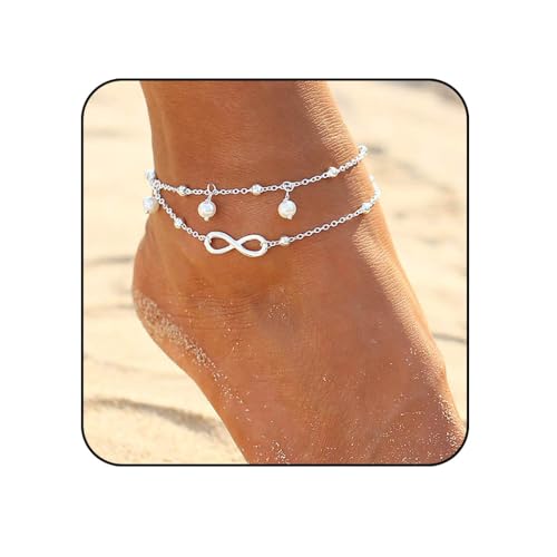 Edary Boho Doppelherz Kristall Fußkettchen Vintage Perlenkette für Strand auch als Armband Schmuck für Frauen und Mädchen (Silver 6)