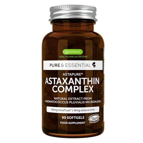 Astaxanthin Komplex, vegane & natürliche Antioxidantien, 4mg Astaxanthin + Zeaxanthin und Lutein aus Algen, 90 Weichkapseln, von Igennus