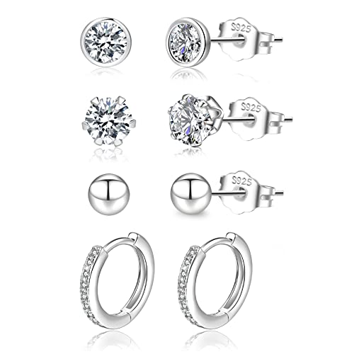 LOUMILEO Ohrstecker Silber 925 4 Paar Silber Ohrringe Damen Hypoallergen Cubic Zirkonia Ohrstecker Set ohrringe Silber 925 Stecker für mehrere Piercings