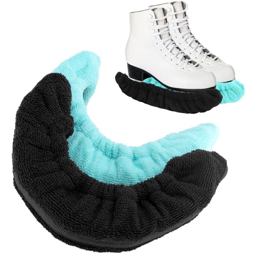 jiawaggag 2 Paare kufenschoner schoner für Schlittschuhe Eishockey elastische für Damen Herren schlittschuh zubehör mit verstärkter Laufschiene Schlittschuh Soakers frottee Größe L Blau Schwarz