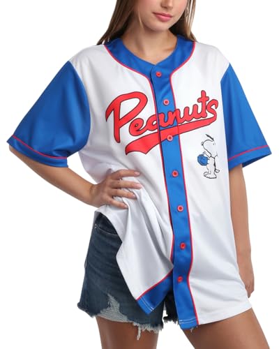 Peanuts Damen Snoopy Baseball Jersey Neuheit Mode Vintage Snoopy Shirt Jersey Top für Frauen (S-XL), Peanuts Weiß/Blau, X-Groß