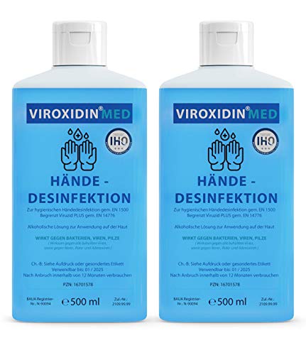 Viroxidin Med Desinfektionsmittel für Hände 2 x 500ml Eurospender - Zur hygienischen Händedesinfektion - Begrenzt Viruzid PLUS gem. EN 14776 - Handdesinfektion gegen Bakterien, Viren & Pilze