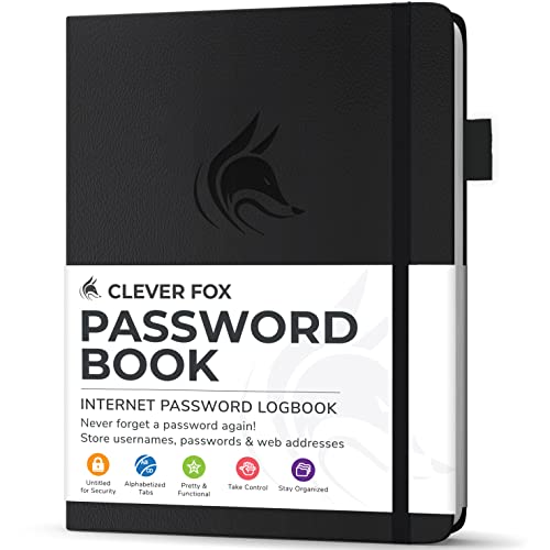 Clever Fox Passwortbuch mit Registerkarten - Adress- und Passwort-Organisationsbuch mit alphabetischen Registerkarten - Kleines Passwortbuch für Computer- und Website-Logins, Schwarz