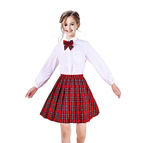 3-teilige Schuluniform Mädchen Weiß Bluse Schleife rot Tartan Rock Gr. 152-158