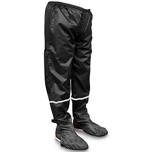 RainRider Regenhose für Damen/Herren (schwarz) wasserdicht inkl. einfaltbare Schuhüberzieher, Regenfeste Fahrradbekleidung geeignet zum Wandern, Angeln oder Gartenhose (Schwarz mit Reflektor S)