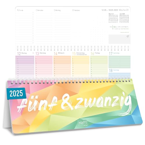 Häfft® Wochen-Tischkalender 2025 quer zum Aufstellen "Rainbow" 1 Woche 2 Seiten, Schreibtisch-Kalender mit Aufsteller, Wochenkalender 11,6 x 29,7 cm - nachhaltig & klimafreundlich