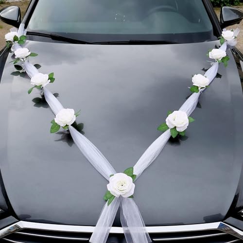 Autoschmuck Braut Paar Rose Dekoration Schmuck Car Wedding Girlande Autodeko Hochzeitsdeko Auto Blumenschmuck Hochzeitsschmuck Hochzeitsauto Deko für Hochzeit Party,Weiß