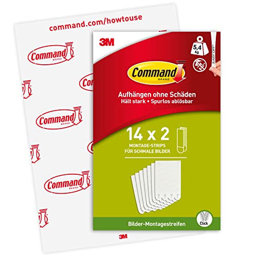 Command Klebestreifen, Vorteilspack 14x2 Schmal (28 Strips), Weiß - Bilder Aufhängen ohne Bohren, Streifen halten bis zu 5,4 kg, Rückstandsfreies Ablösen