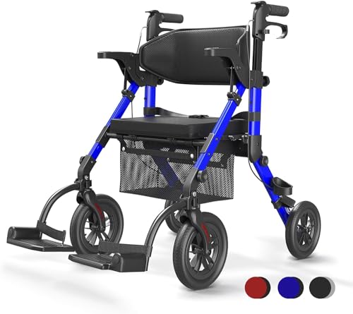 VOCIC 2 in 1 Rollstuhl Rollator Faltbar und Leicht mit Sitz,Outdoor Gummireifen für Allen Gelände,Leichtgewicht Rollatoren mit Netztasche,Aluminium Gehhilfer Transport-Stuhl,Blau (5 Jahre Garantie)