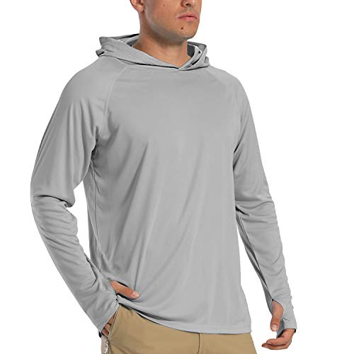 TACVASEN Herren Sonnenschutz Hoodie Sommer Atmungsaktiv Langarmshirts UPF 50+ mit Kapuze, Hell Grau, XL