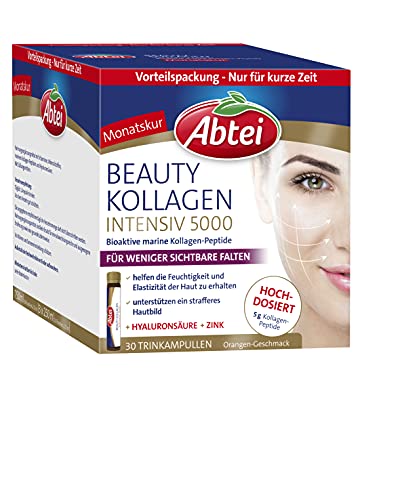 Abtei Beauty Kollagen Intensiv 5000 - für weniger sichtbare Falten - mit 5 g Kollagen-Peptiden, Hyaluronsäure, Zink und Vitamin C - zuckerfrei - 30 Trinkampullen